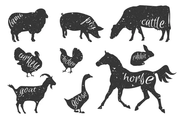 Ensemble de silhouettes d'animaux de ferme . — Image vectorielle