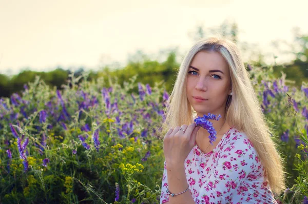 Menina loira com belos olhos azuis grandes sentados no campo — Fotografia de Stock