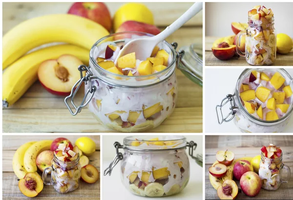 Collage con ensalada de frutas mezclada con yogur — Foto de Stock