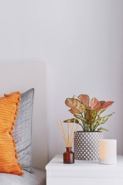 Sıcak, turuncu yastıklı, pembe ve yeşil çiçekli seramik kapta aroma yayıcı çubukları ve beyaz komodininde parlayan bir lamba olan modern yatak odası. Minimum ev dekorasyonu yumuşak doğal ışık ve sakin atmosferle.