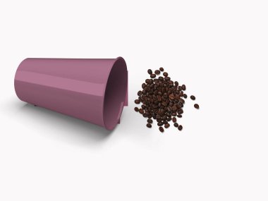 Kahve fincanları ve fasulyeler izole edilmiş. 