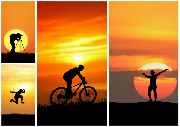 Conjunto Imagens Com Silhueta Homem Livre Contra Céu Por Sol — Fotografia de Stock