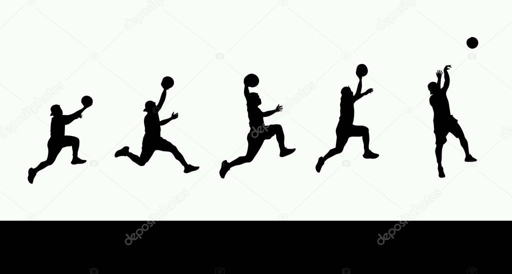 A silhouette collection of professional basketball poses. On a single color background with a clipping path