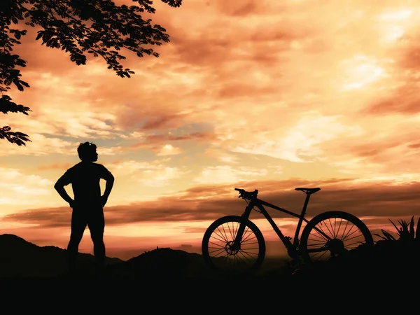 Silhouette Eines Mountainbike Mechanikers Entspannen Auf Einer Schönen Aussicht — Stockfoto