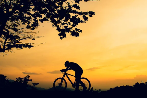 Bir Dağ Bisikletinin Silueti Yüksek Bir Dağda Bisiklet Pratiği Yapıyor — Stok fotoğraf