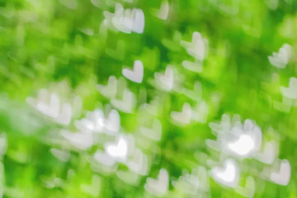 Abstract background image of green heart-shaped bokeh in nature. caused by lens blur. Use it as a background in any love or nature-related event.