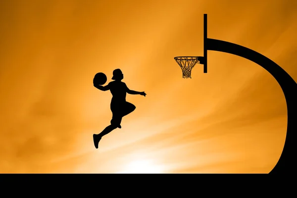 Basketball Joueurs Sautant Silhouettes Dunk Sur Beau Terrain Basket Plein — Photo