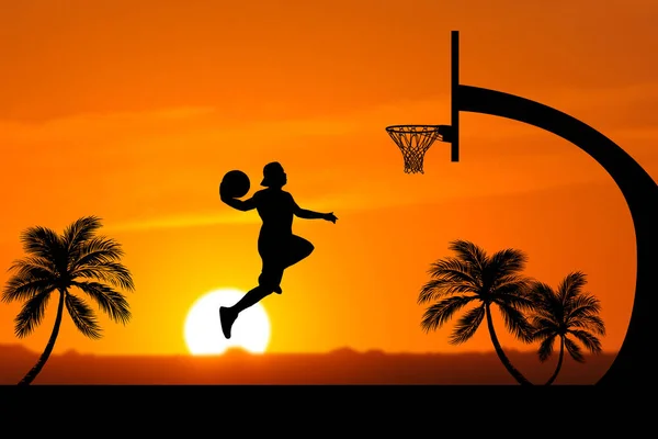 篮球运动员在一个美丽的户外篮球场上跳起扣篮 勾勒出自己的轮廓 — 图库照片