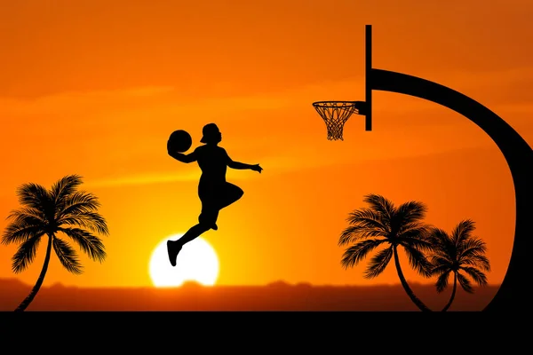 Баскетболисты Прыгают Через Силуэты Красивой Открытой Баскетбольной Площадке Вечером — стоковое фото