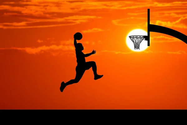 Jogadores Basquete Pulando Silhuetas Afundanço Belo Campo Basquete Livre Noite — Fotografia de Stock