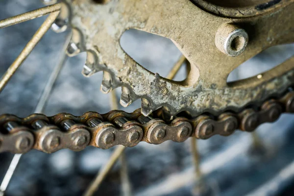 Dirty sprockets and chains show signs of wear and tear.