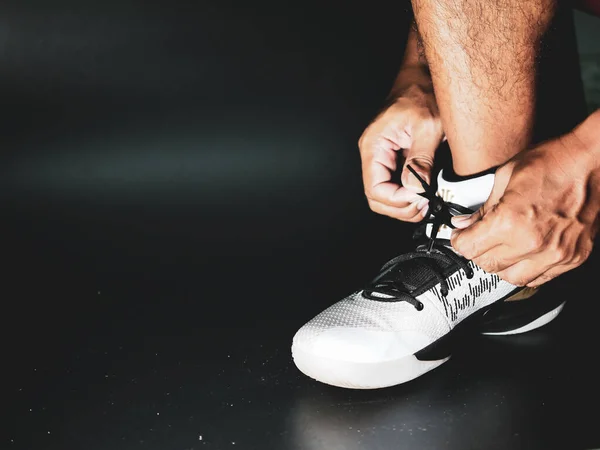 Close Athletes Tying Shoe Straps Preparation Training Covid Crisis — Stock Photo, Image