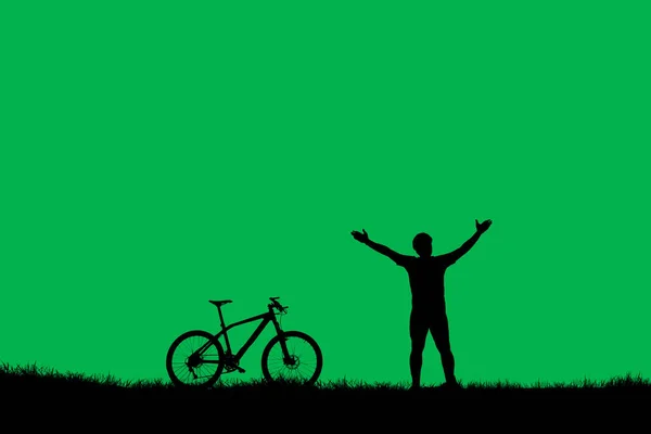 초록색 배경에 자전거를 남자의 실루엣 — 스톡 사진