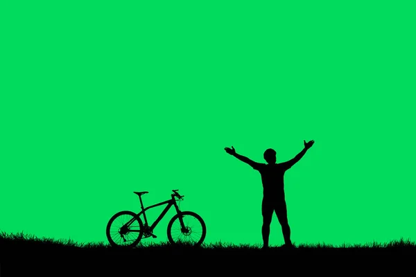 Silhueta Homem Com Uma Bicicleta Fundo Verde — Fotografia de Stock