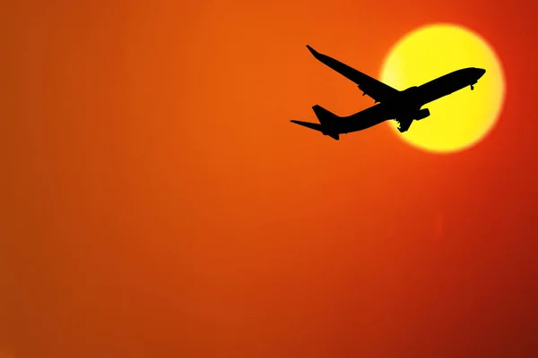 Silhouette Airplane Beautiful Sunset Sky — Stock Photo, Image