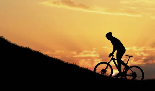 Silhouette Des Mannes Mit Helm Auf Fahrrad Mit Sonnenuntergang Himmel — Stockfoto