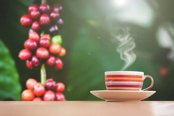 cup of coffee and red berries on a wooden table