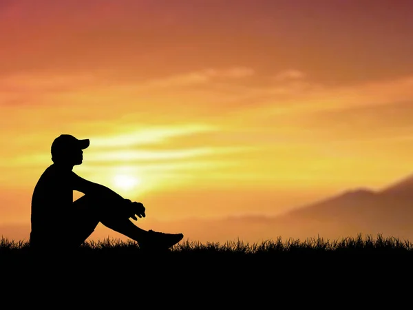 Silueta Del Hombre Sentado Cima Colina Con Cielo Atardecer Fondo — Foto de Stock