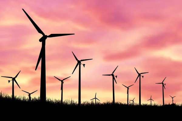 Silhouetten Von Windkraftanlagen Werden Genutzt Den Abendstunden Strom Auf Den — Stockfoto
