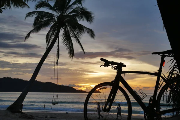 silhouette of mountain bike parked at sea shore in evening on sunset background