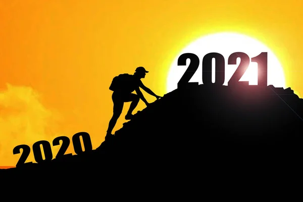 Welcome Merry Christmas Happy New Year 2021 Silhouette Man 2020Cliff — Stock Photo, Image