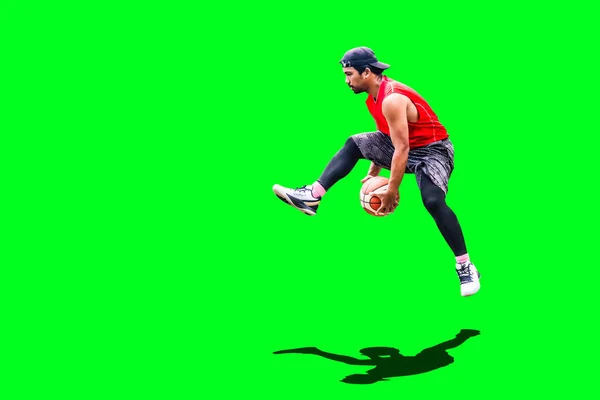 Азиатский Мужчина Играет Баскетбол Спортивной Одежде Цветном Фоне — стоковое фото