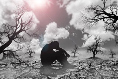 İnsanlar kuraklıktan dolayı kurak bir yerde başlarını eğip umutla oturuyorlar. Uzun zamandır yağmur yağmıyor. Küresel ısınma ve kuraklık kavramı