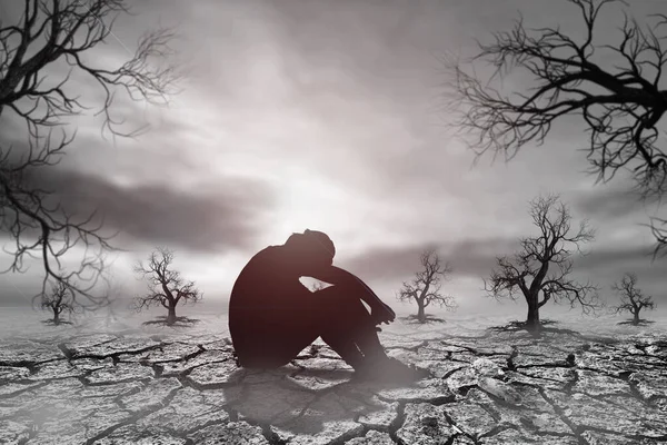 People Sit Heads Hopeful Dry Land Because Drought Rain Long — Stock Photo, Image