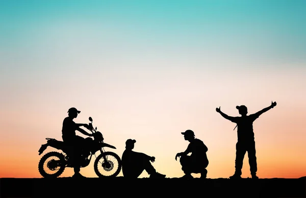 Silhouette Man traveling motocross multiple poses on sky