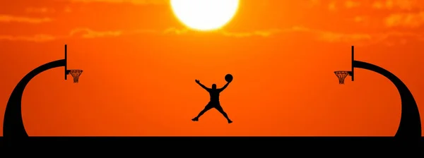 Beautiful Outdoor Basketball Court Silhouette People Jumping Holding Basketballs — Stock Photo, Image