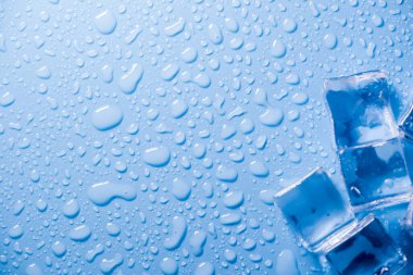 Buz küplerinin makro görüntüsü ve mavi arkaplanda boş boşluğu kopyalayan su damlaları. Mavi arkaplana dağılmış su damlaları olan buz küpleri