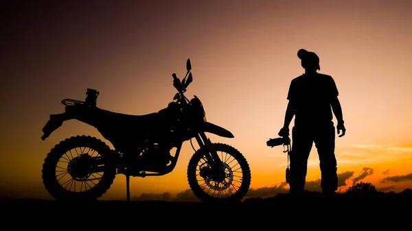 Silhouette Photographer Adventures Motorcycle Road Motocross Evening Travel Adventure Concept — Stock Photo, Image