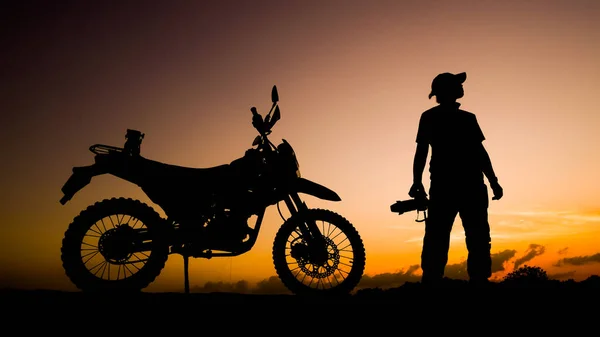 Silhouette Photographer Adventures Motorcycle Road Motocross Evening Travel Adventure Concept — Stock Photo, Image