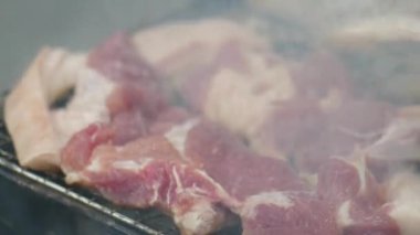 Kamp sırasında kömürde domuz kızartması.