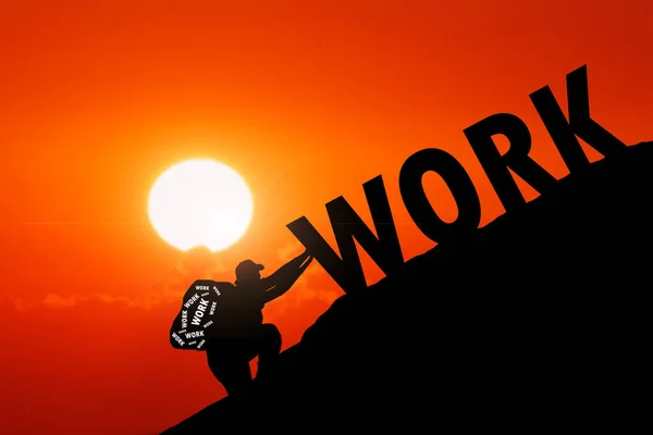 Man Pushing Word Work Top Mountain Concept Hard Work Hard —  Fotos de Stock