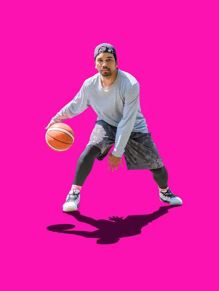 Full Body Photo Asian Man Playing Basketball Leisure Clothes Colored — Foto de Stock