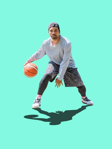 Full Body Photo Asian Man Playing Basketball Leisure Clothes Colored — Foto de Stock