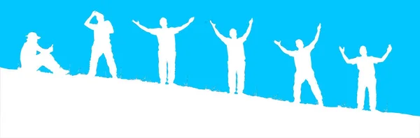 喜びで手を上げている男たちのシルエット 崖の道のある山の上に手を置いて立っている男のシルエット — ストック写真