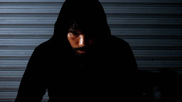 Mysterious Man Hoodie Dark Background Dangerous Criminal Silhouette Man Hood — Stock Photo, Image