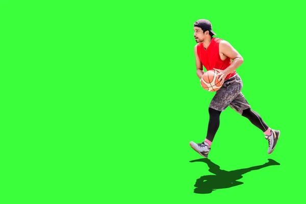 Full Body Portrait Asian Basketball Player Dribbling Colored Background Clipping — Stock Photo, Image