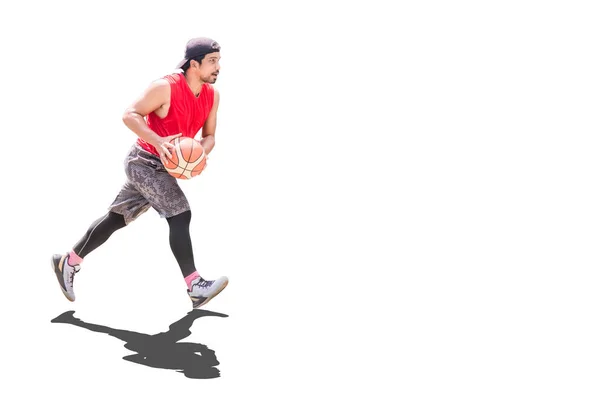 Retrato Cuerpo Completo Jugador Baloncesto Asiático Goteando Sobre Fondo Color — Foto de Stock