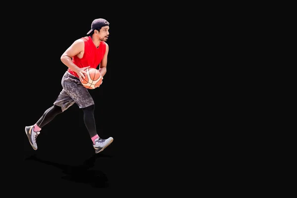 Retrato Corpo Inteiro Jogador Basquete Asiático Driblando Fundo Colorido Com — Fotografia de Stock