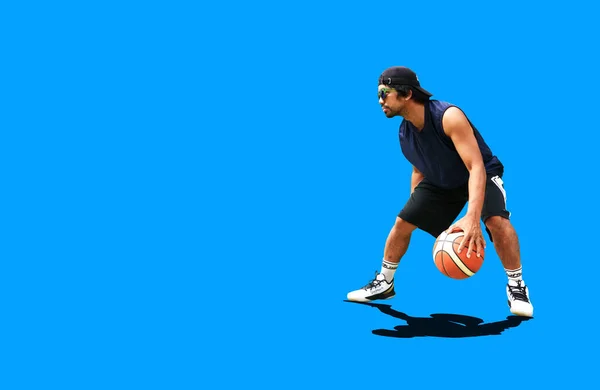 Asian Basketball Player Practicing Dribbling Basketball Colored Background Clipping Path — Stock Photo, Image