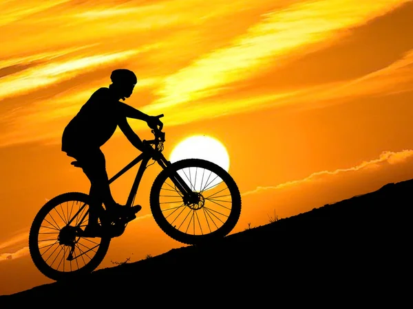 Die Silhouette Eines Mountainbikers Bei Sonnenuntergang Radler Trainieren Und Fahren — Stockfoto