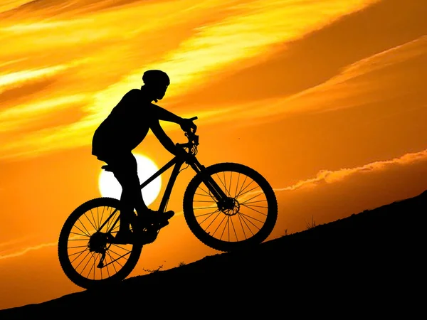 Die Silhouette Eines Mountainbikers Bei Sonnenuntergang Radler Trainieren Und Fahren — Stockfoto