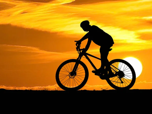 Die Silhouette Eines Mountainbikers Bei Sonnenuntergang Radler Trainieren Und Fahren — Stockfoto