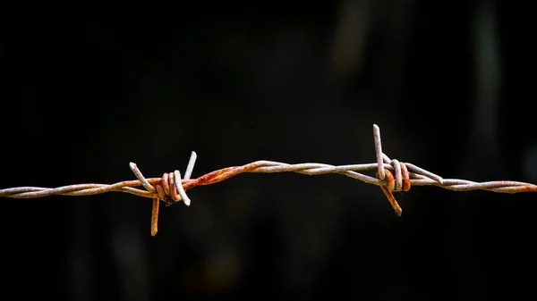 Gammal Taggtråd Staket Med Rost Svart Bakgrund — Stockfoto