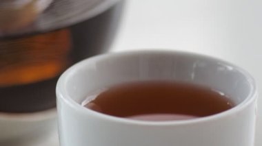 cup of tea with tea pot on background