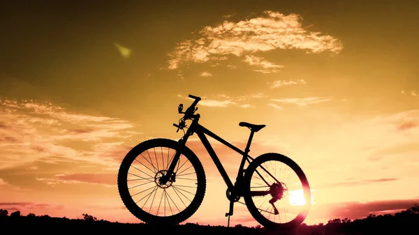 Silhueta Uma Bicicleta Montanha Com Bela Iluminação Conceito Relaxamento Exercício — Fotografia de Stock