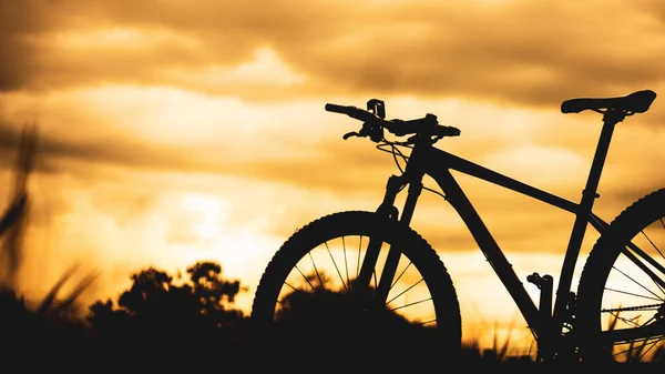 Bicicleta Montaña Aparcada Prado Por Noche Silueta Bicicleta — Foto de Stock